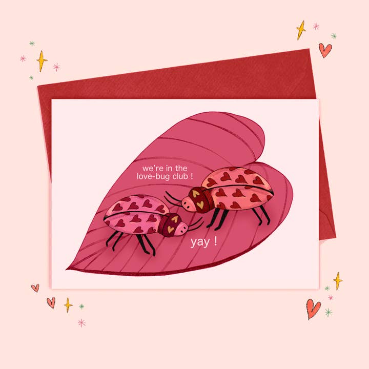 WE'RE IN THE LOVE BUG CLUB - CARTE DE VŒUX ILLUSTRÉE AU FORMAT A6 pour la vente par jenkoandco