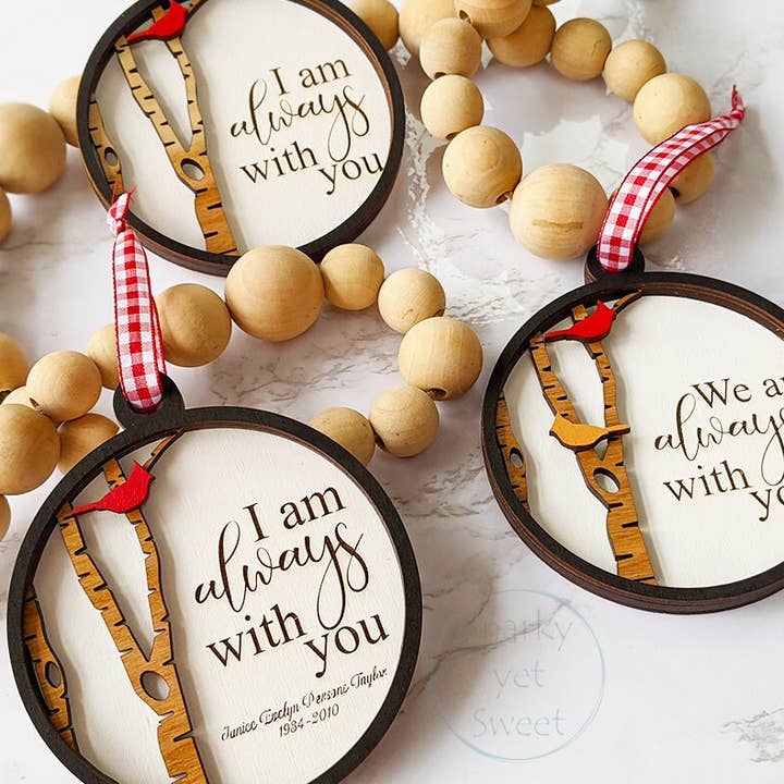 Roots & Routes Co - Wholesale Ornament - I am always with you ornament, cardinal ornament, memorial ornaments personalized, grief gift cardinal wood design, heaven ornament