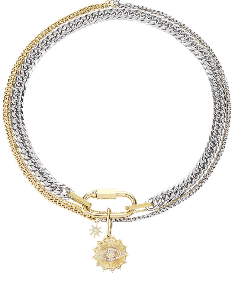 HoopLa - Wholesale Pendant/Charm Necklace - Evil Eye Carabiner 2 in 1 3 stand Necklace-PVD