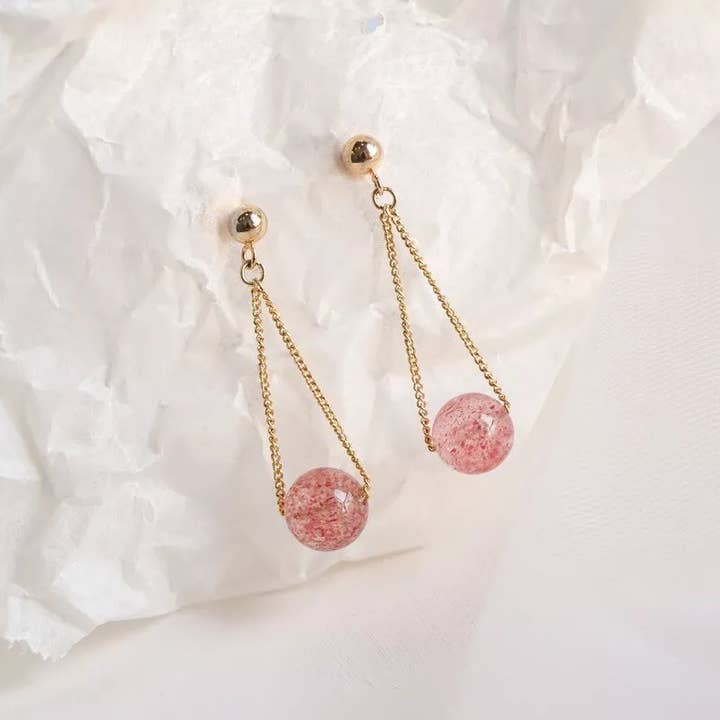 18K Gold Plated 8mm AAA Natural Strawberry Quartz Earrings for wholesale by Haengseongworkshop
