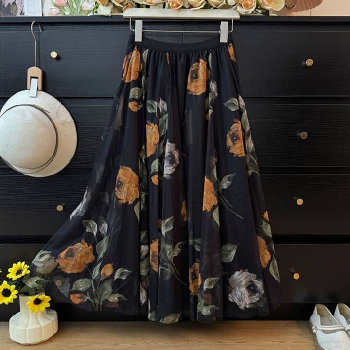 Saia Maxi de Malha Preta com Estampa de Rosa Laranja Grande por atacado de PEACH ACCESSORIES