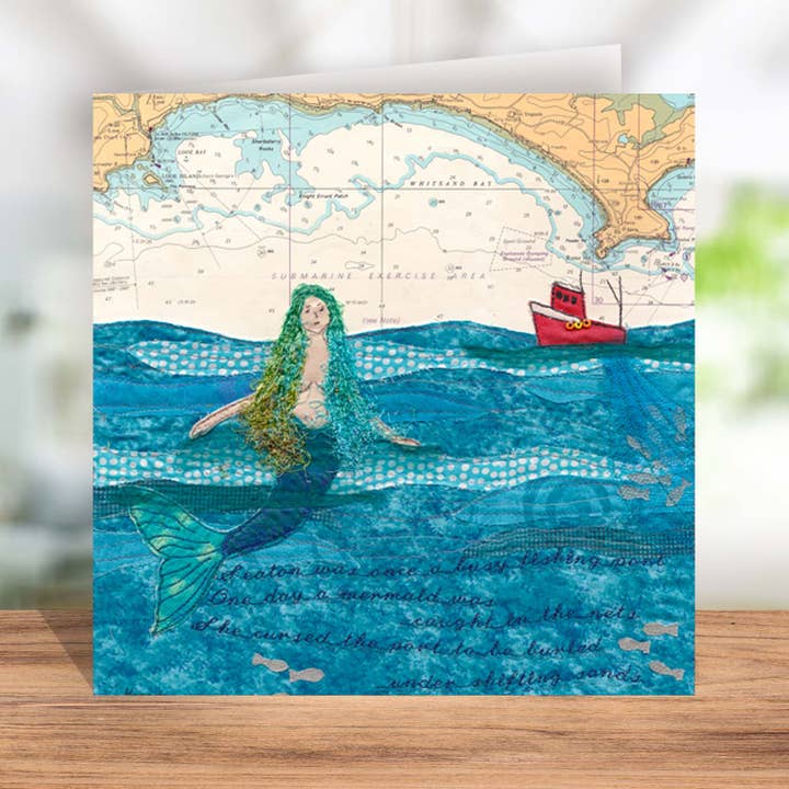 Mermaid at Seaton Cornwall greetings card for wholesale by Hannah Wisdom Textiles