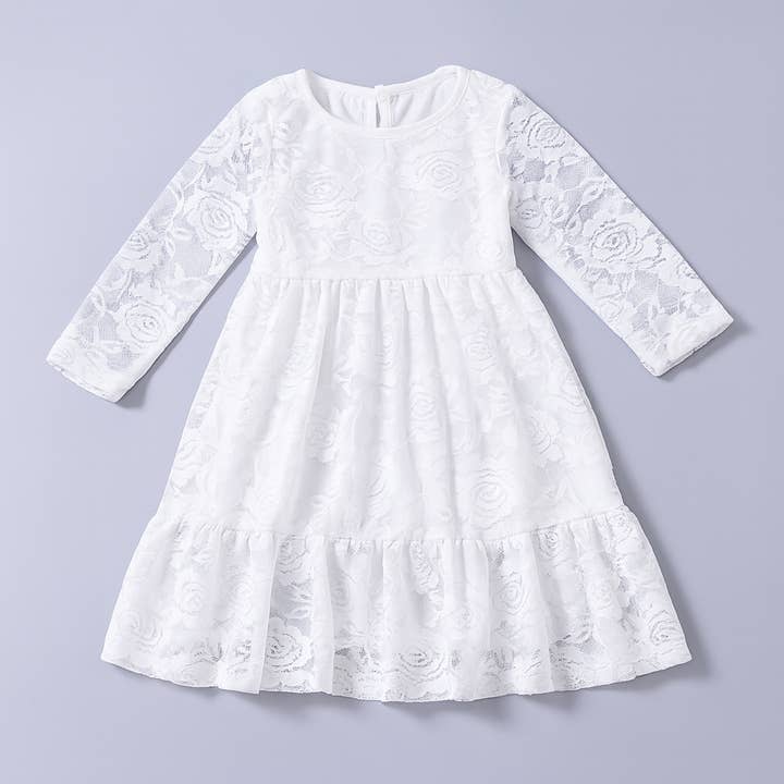 White Floral Lace Ruffled Hem Girl Dress for wholesale by Fennco Styles