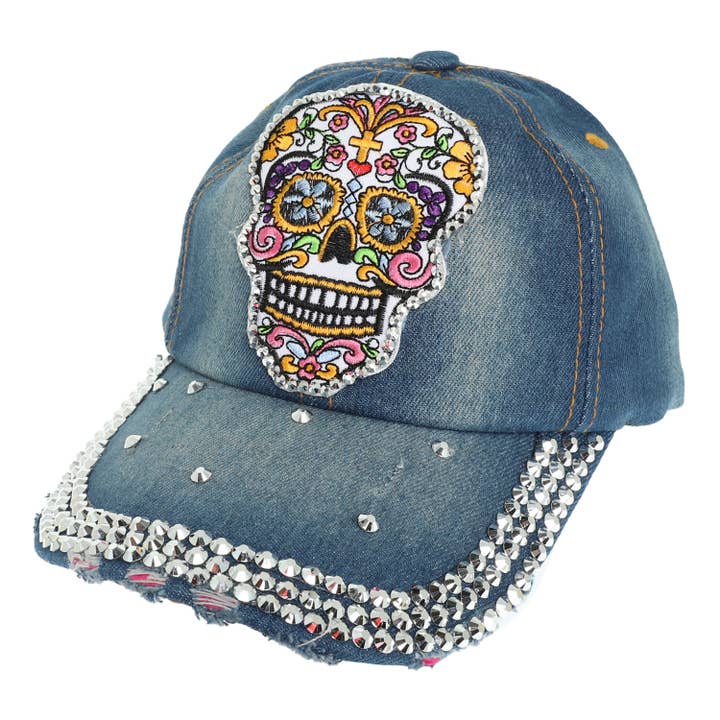 SP Sophia Collection - Wholesale Baseball Cap - Women's - Colorful Sugar Skull Distressed Denim Baseball Cap
