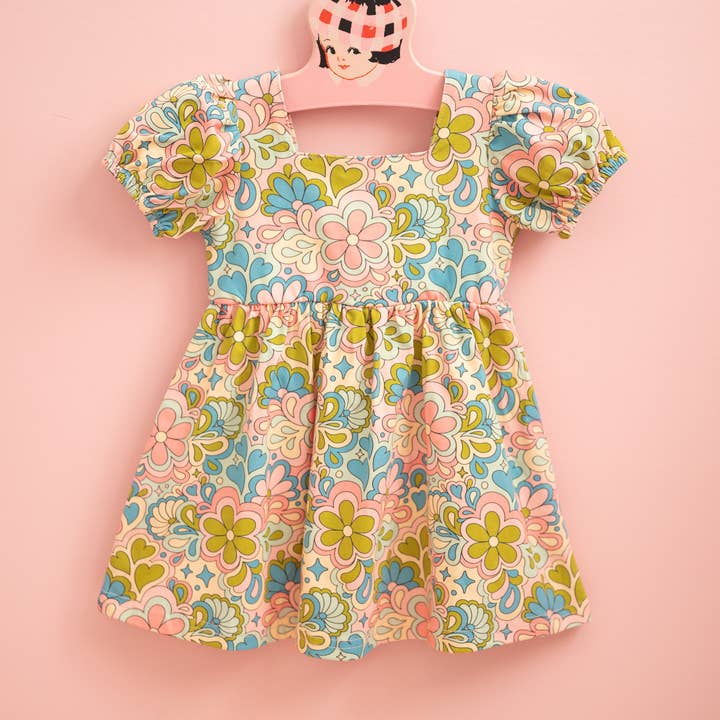 Girls' Puff Sleeve Dress in Blue 60s Psychedelic Floral for wholesale by Strawberry Jam Kids
