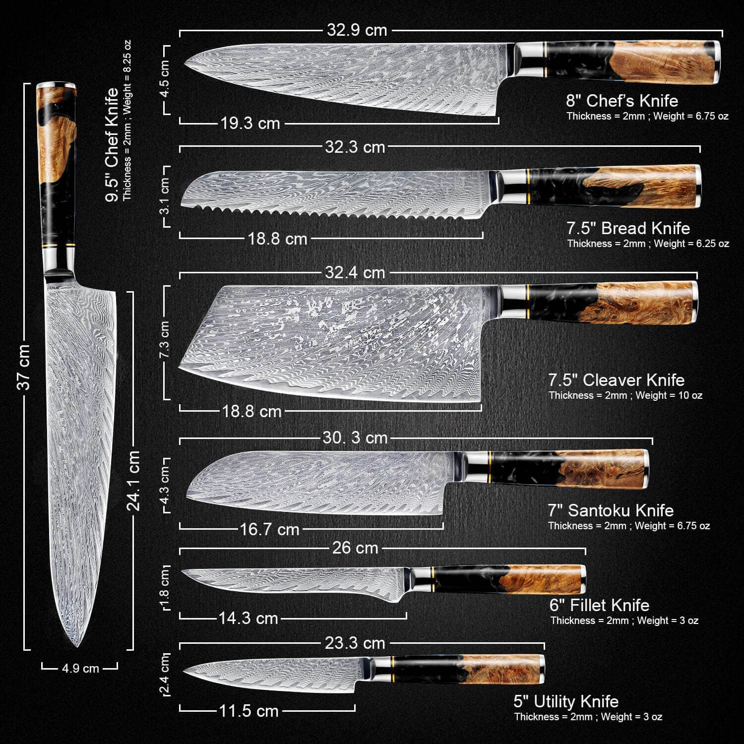 Senken Knives - Wholesale Knife Set - 7-Piece "Tsunami" Japanese Damascus Knife Set, Black Resin 7