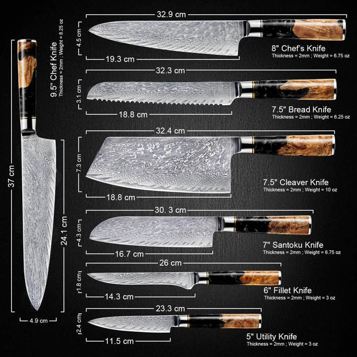 Senken Knives - Wholesale Knife Set - 7-Piece "Tsunami" Japanese Damascus Knife Set, Black Resin 7