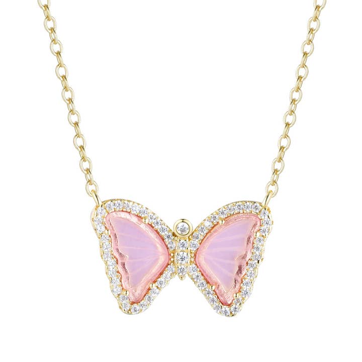 Mini Butterfly Necklace in Light Pink for wholesale by Kamaria Jewelry