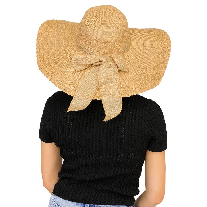 Cap Zone – wholesale Straw hat – women's – Scallop Hem Burlap Chiffon Bow Paper Straw Floppy Sun Hat3