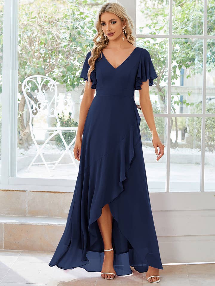 Ever-Pretty - Wholesale Gown – Women's - V Neck High Low Ruffles Chiffon Bridesmaid Dress65