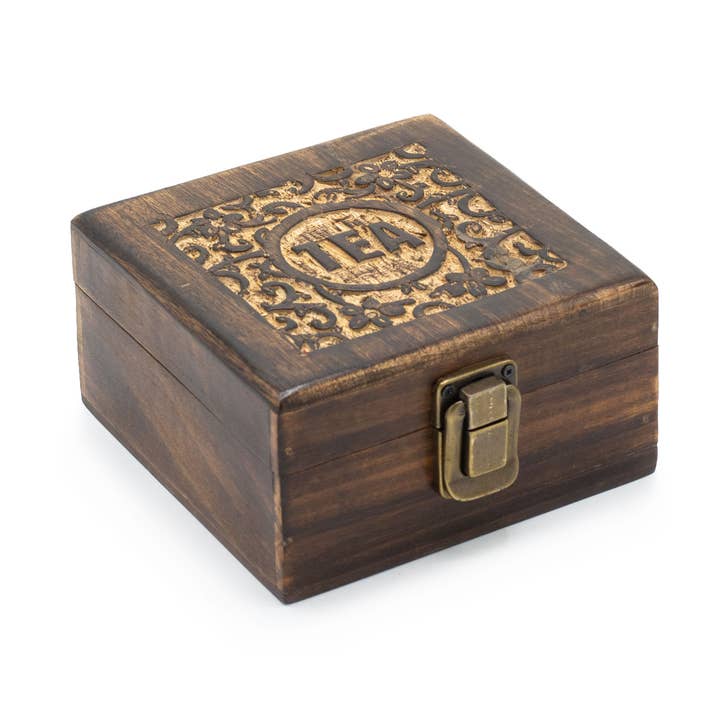 Mango Carved Tea Box (4 compartments)- 15x15x8cm for wholesale by Ancient Wisdom