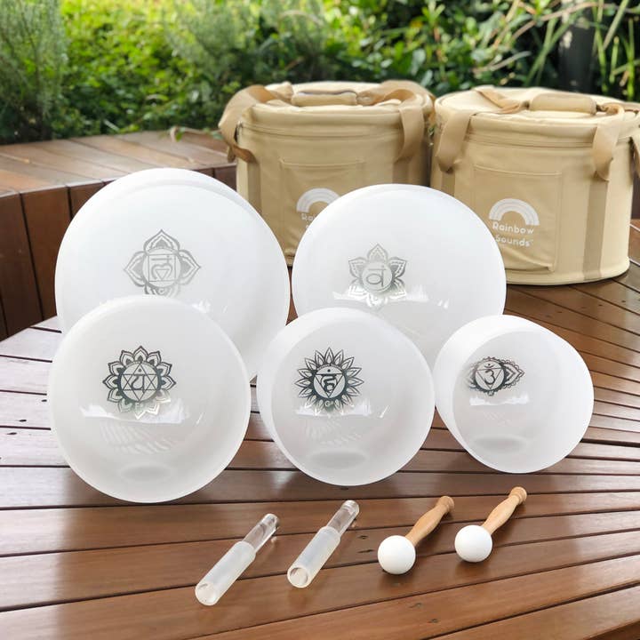 SHARP NOTES | Set of 5 White Crystal Singing Bowls in Beige Bags for wholesale by Rainbow Sounds
