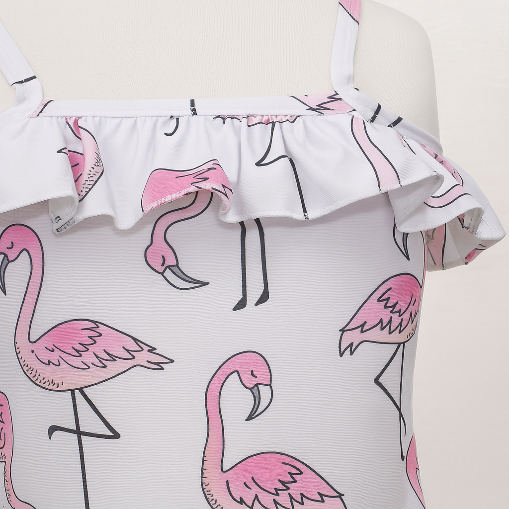 Fennco Styles - Wholesale One Piece Swimsuit - Kids - White Flamingo Print Ruffled One-Piece Toddler Girl Swimsuit2
