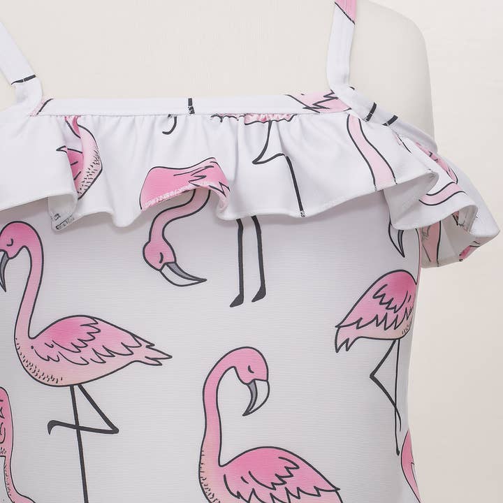 Fennco Styles - Wholesale One Piece Swimsuit - Kids - White Flamingo Print Ruffled One-Piece Toddler Girl Swimsuit2