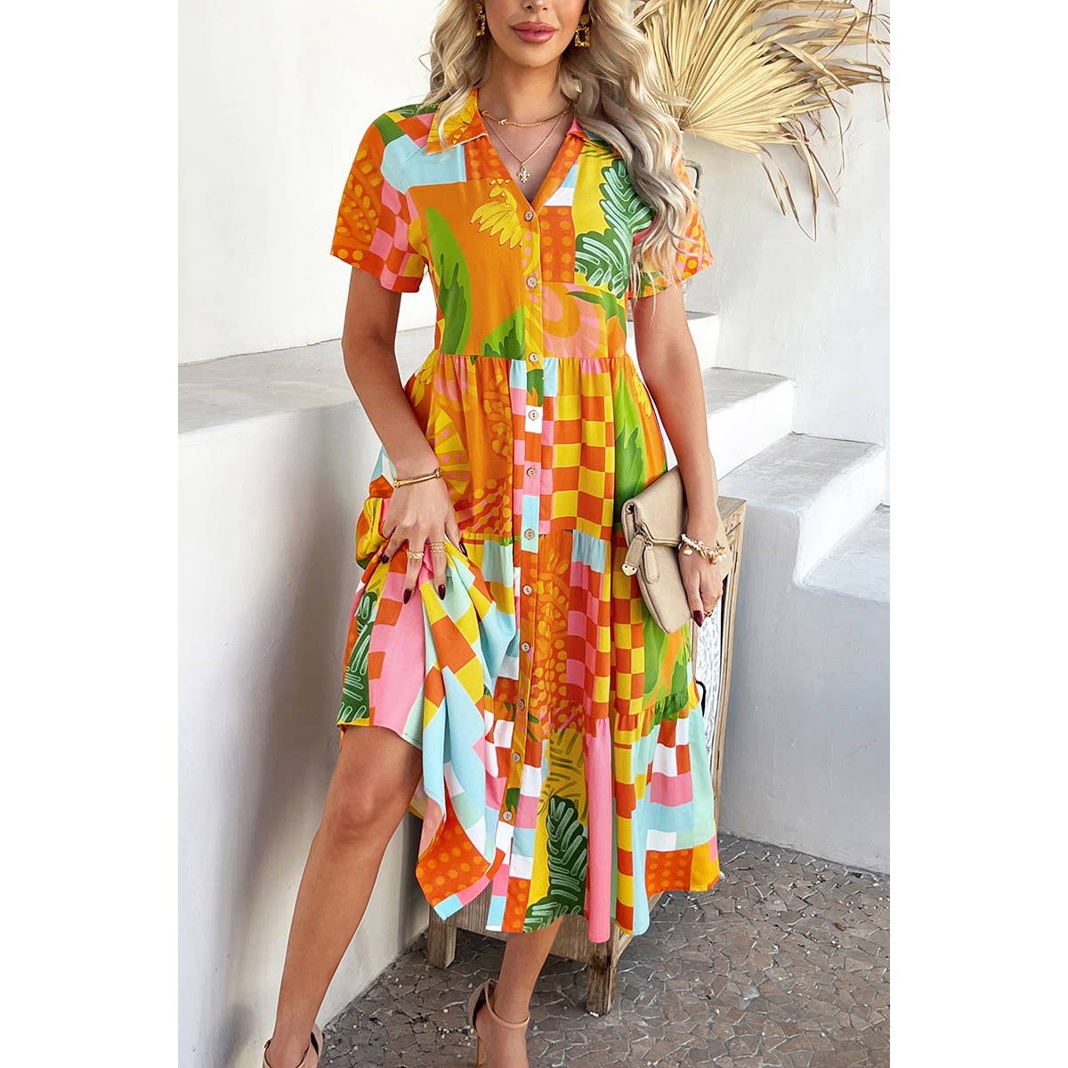 Elings - Wholesale Dress - Women's - Allover Printed Button Down Ruched Long Dress11