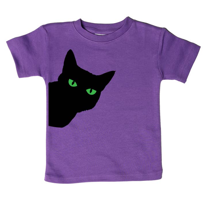 Spunky Stork – wholesale T-shirt med screentryck – Barn – Svart katt gröna ögon spökig Halloween barn barn skjorta