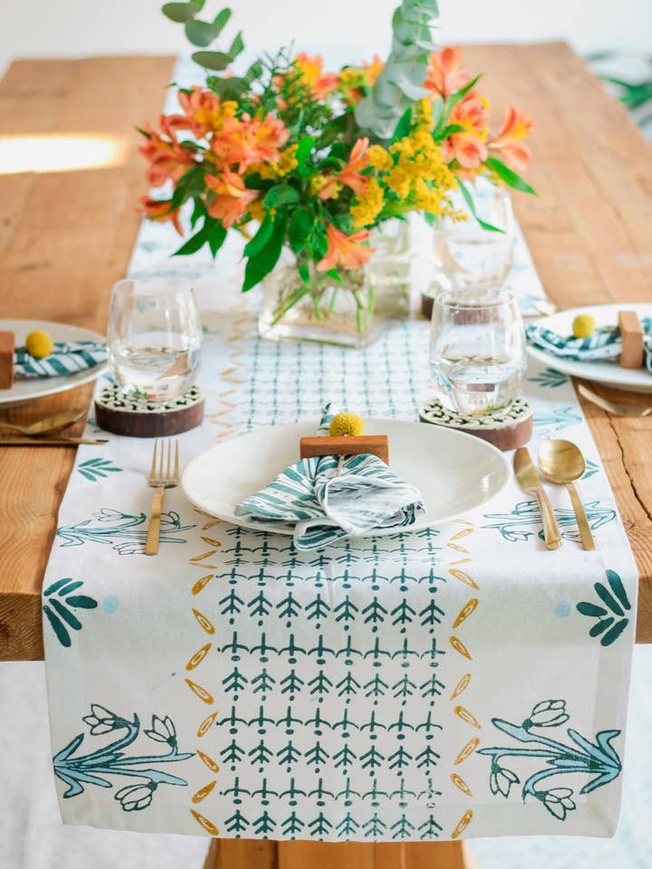 Table Runner - Snowdrop - Midnight Green, Sky Blue & Mustard for wholesale by Mended