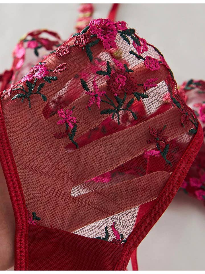 Wine Ladies Floral Embroidery See Through 3PCSÂ Lingerie Set XX0170 for wholesale on Faire