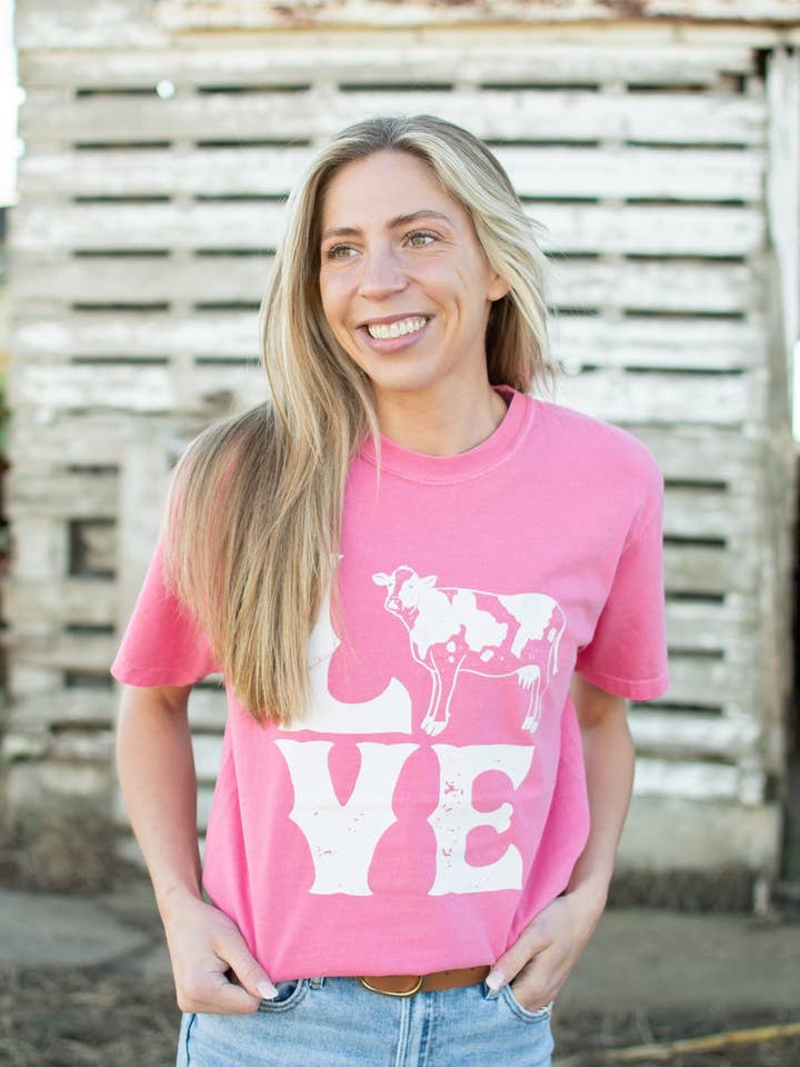 Valentine Cow 'LOVE' Pink Graphic Tee for wholesale by American Farm Company