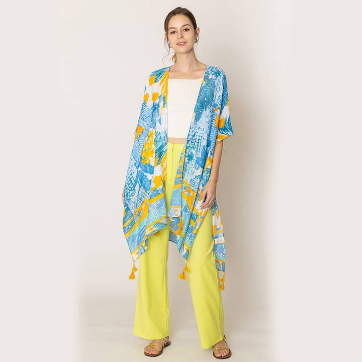 Fashion City - Wholesale Kimono - Women's - Tropical Floral Print Tassel Kimono Cover-up