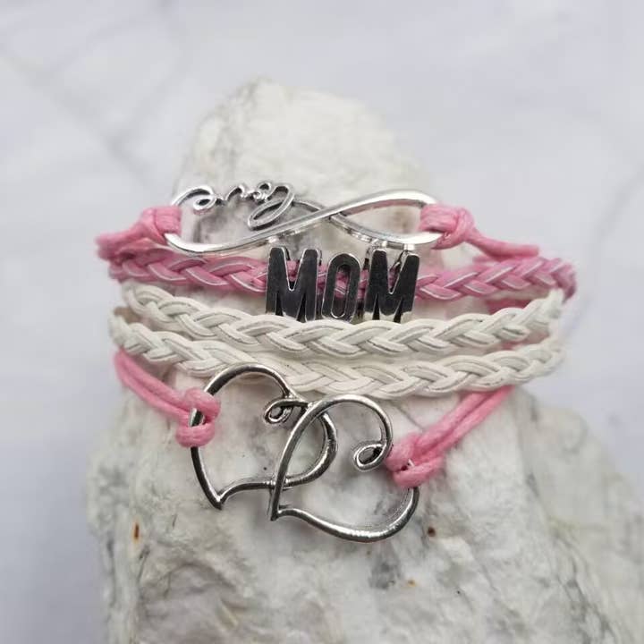 The Pretty Jewellery - Wholesale Charm/Dangle Bracelet - Mother's Day Woven Leather Mom With Heart Bracelet
