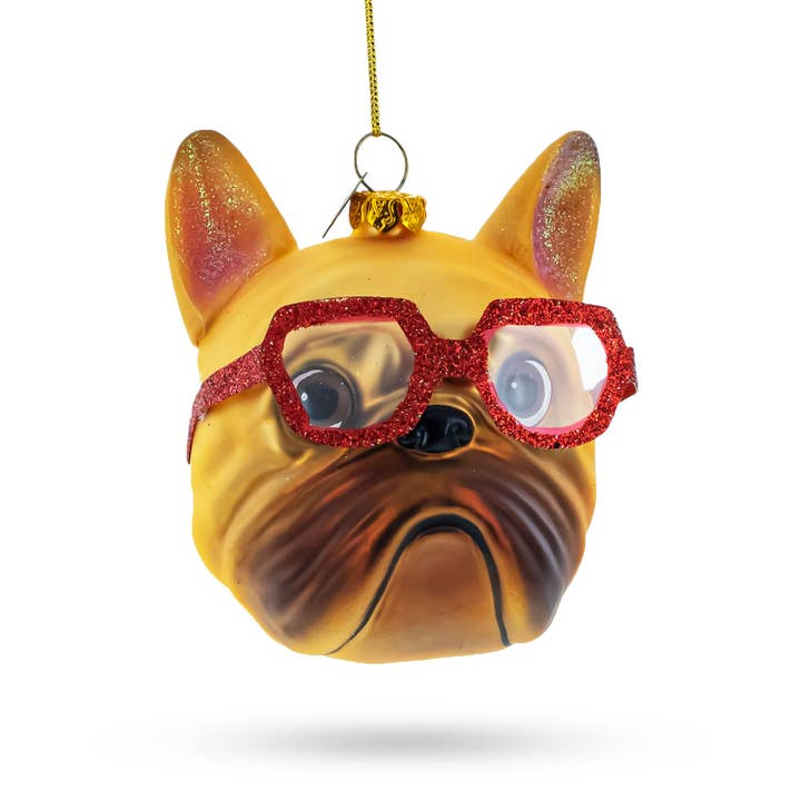 BestPysanky - Venta al por mayor Adornos - Adorno de cristal con diseño de bulldog hipster con gafas de color rojo rubí