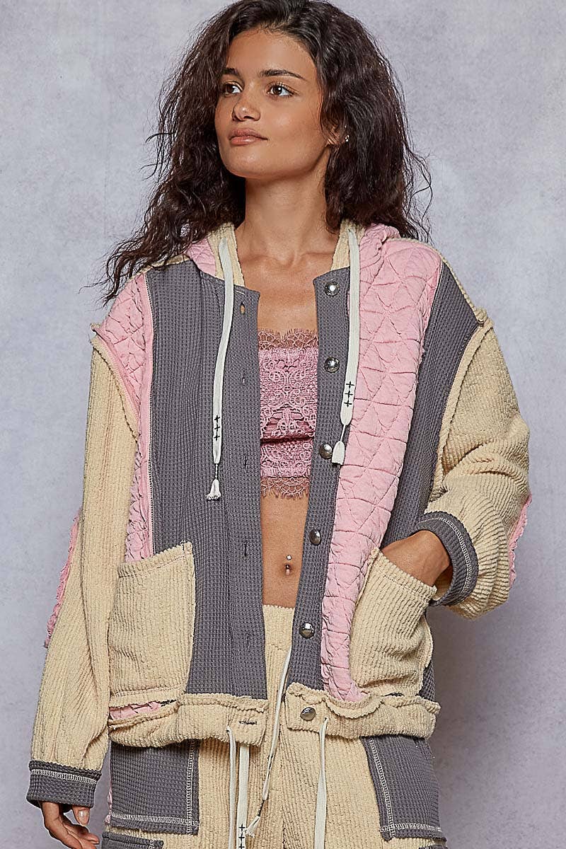Pol Clothing - Wholesale Shirt Jacket/Shacket - Women's - Cut Sew Multi Fabric Quilted Thermal Hoodie Jacket SALE7