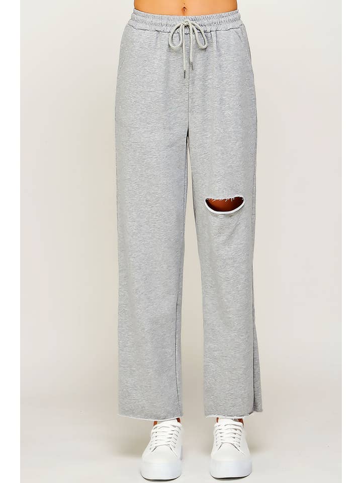 Sweet Generis - Wholesale Athletic sweatpants/jogging bottoms – Women's - RAW CUT WIDE LEG JOGGER SWEATPANTS WITH KNEE RIP18