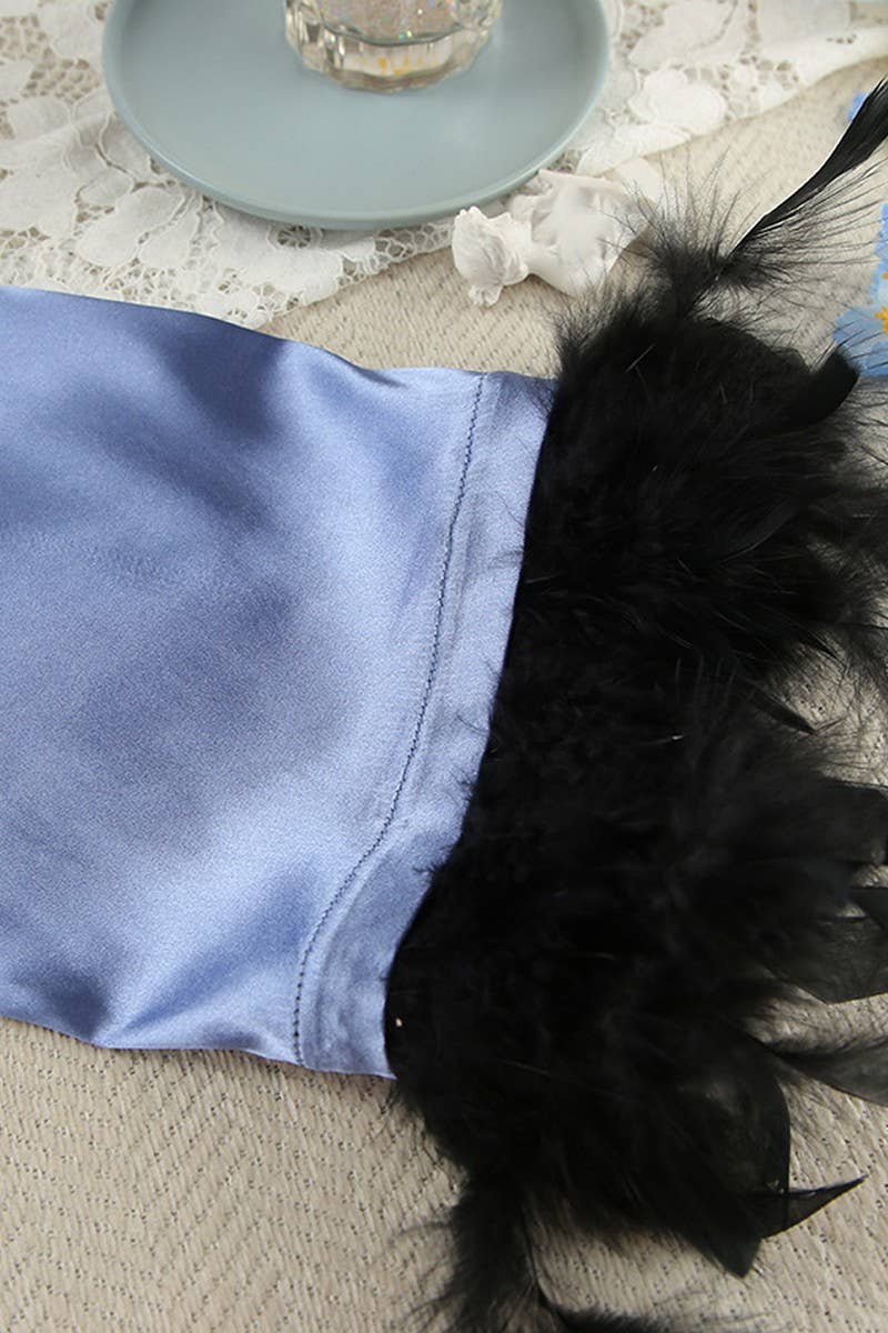 BLEU ENSEMBLE DE MAISON EN SATIN PLUME COULEUR UNIE CWSPJ0165 en vente sur Faire5