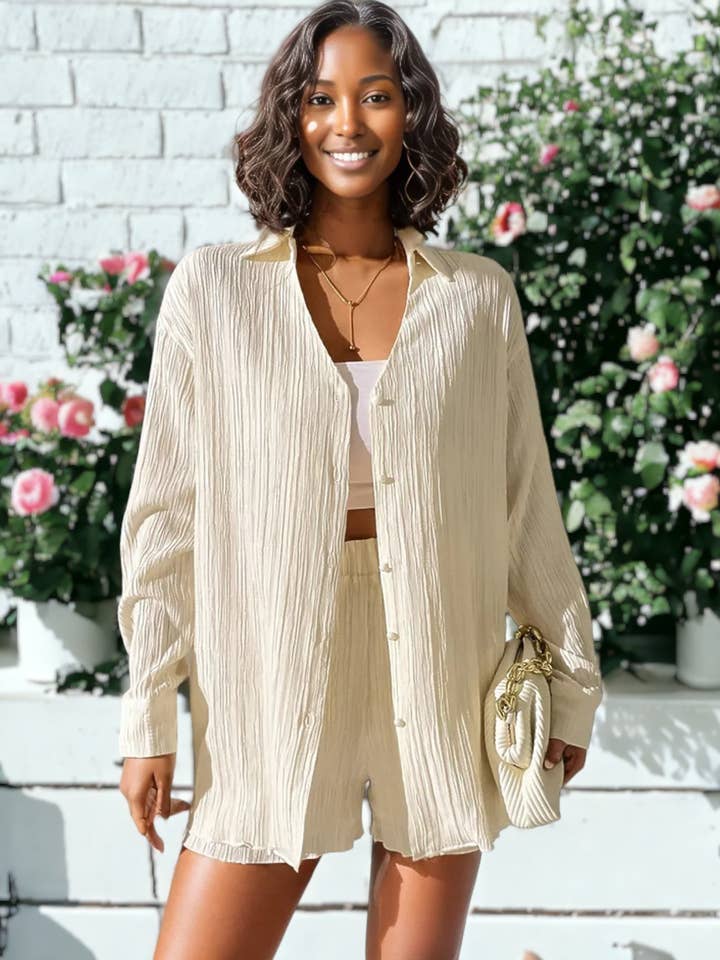 Casual Pleated Textured Women's 2 Piece Suit for wholesale by Anna Kaci Wholesale