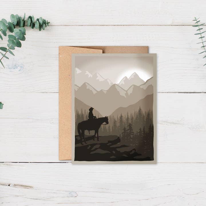 Horse Rider Mountain Sunset Sunrise Cowboy Greeting Card for wholesale by Aspen Designs
