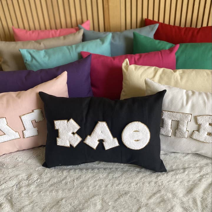 Greek Letter Chenille & Glitter Throw Pillow for wholesale by Simply Sisters