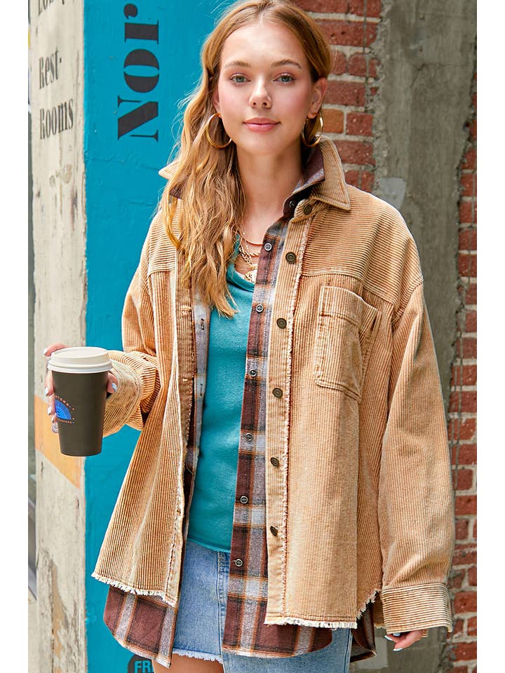 La Miel - Wholesale Shirt Jacket/Shacket - Women’s - JKT1727-Oversized Washed Fabric Corduroy Button Down Jacket17