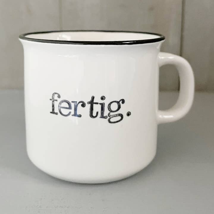 Keramiktasse Vintagelook "fertig los" für den Großhandel von IOPLA
