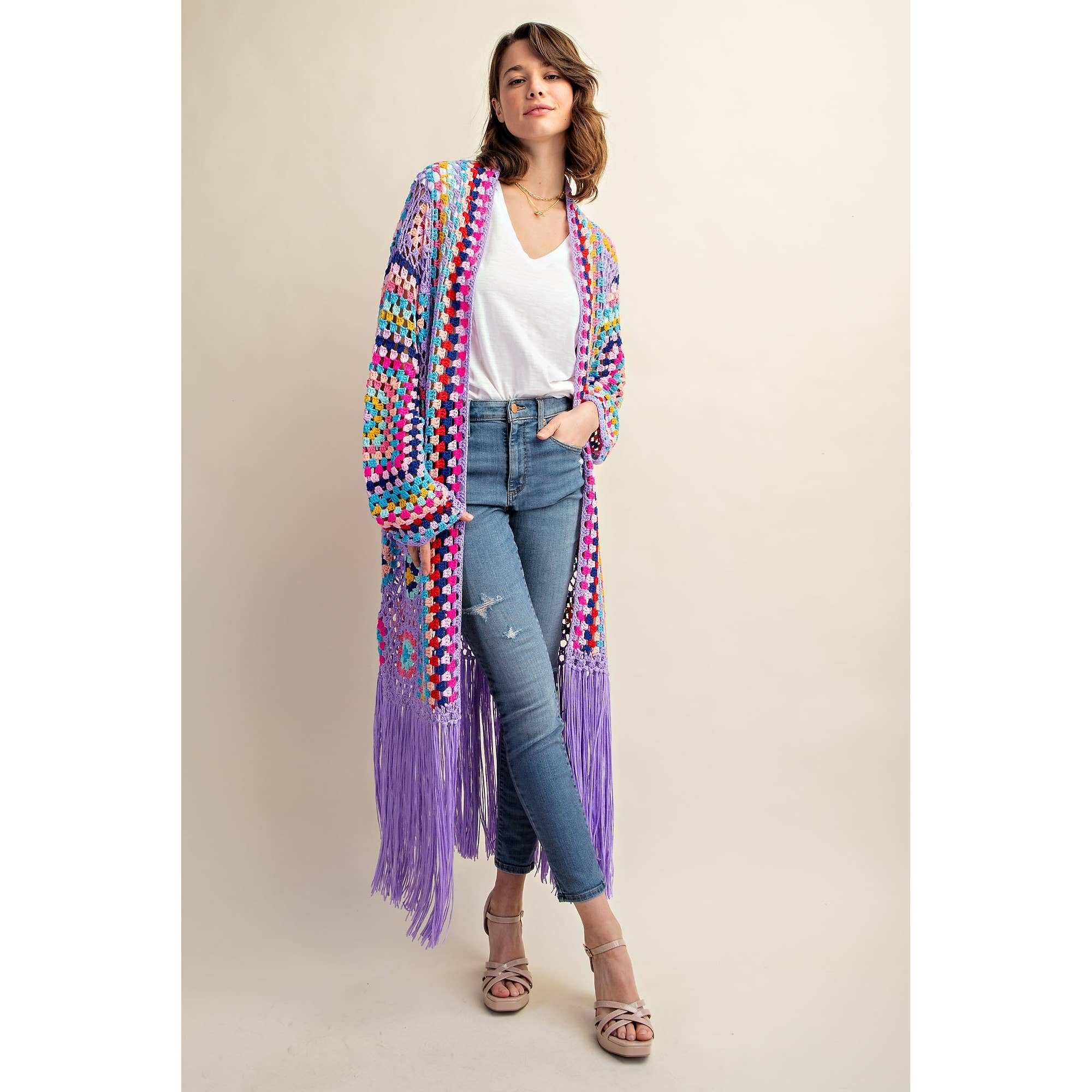 Sweet Generis - Wholesale Cardigan - Women's - COLORFUL CROCHET FRINGE CARDIGAN DUSTER13