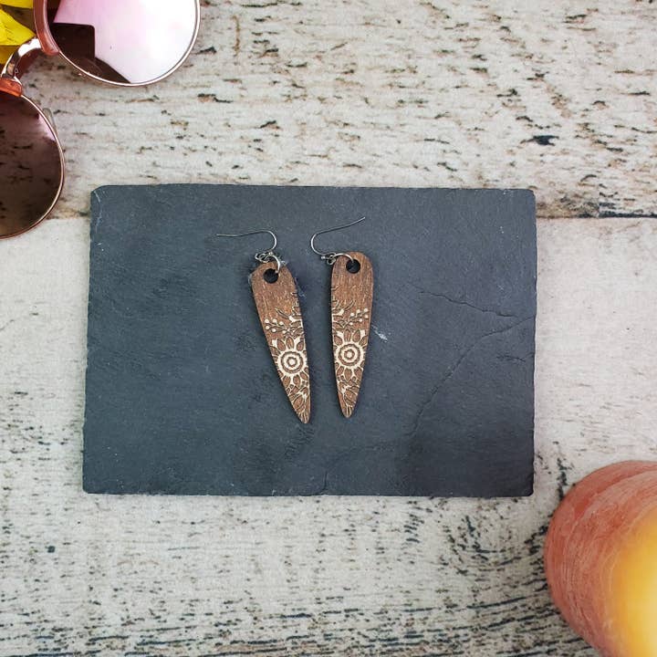 A Farm Girl by Tess - Wholesale Dangle Earrings - Small Sunflower Point Reverse Engraved Wood Earrings2