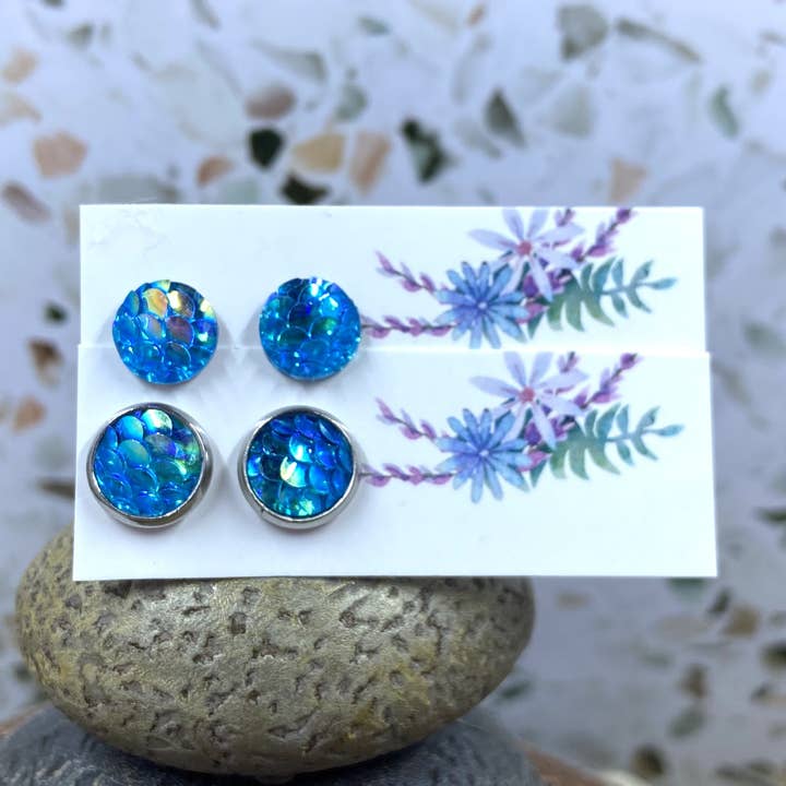 Blue Mermaid Scale Studs for wholesale by Only Once Originals
