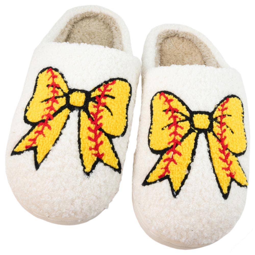 White Softball Bow Fuzzy Slippers for wholesale on Faire0