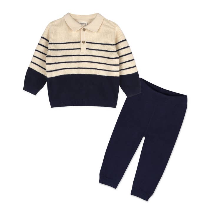 Classic Stripe Polo Knit Baby Pullover & Pant Set - Organic for wholesale by Viverano Organics