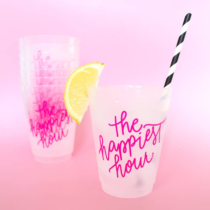 The Happiest Hour - Pink | Frosted Acrylic 16oz Set of 8 for wholesale by Birdie Mae Designs