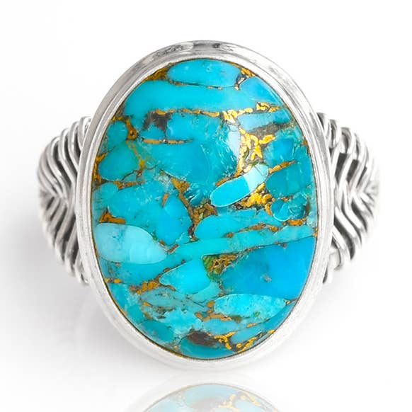 Bague épaisse en argent sterling 925 avec turquoise et cuivre bleu pour la vente par Tiramisu