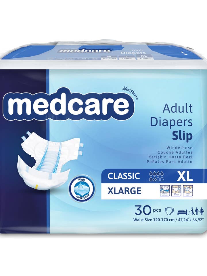Couches pour adultes Medcare Slip XL (120 cm – 170 cm) pour la vente par Dicamedcare Solutions