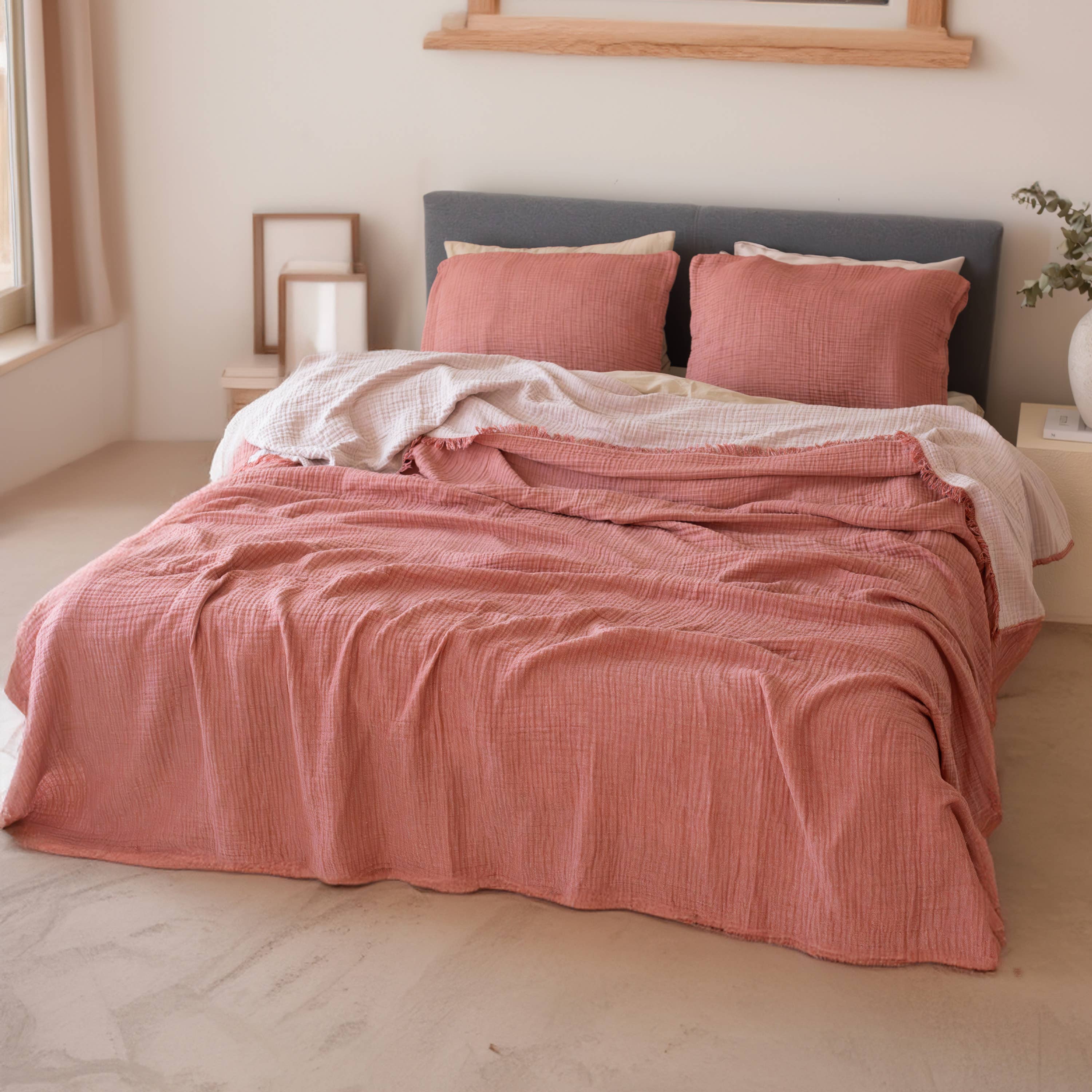 Vivamaison - Vente Plaids - Couvre-lit en mousseline frangé 100 % coton doux, 4 couches premium122