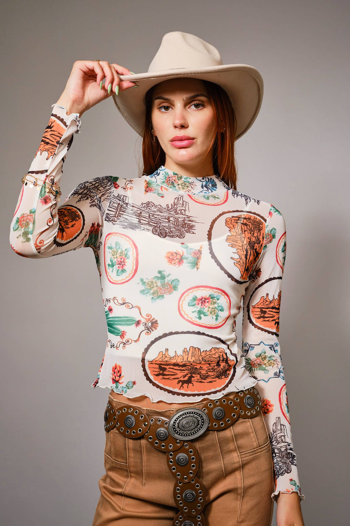 MULTI 33147T Western Motif Mesh Mock Neck Top for wholesale on Faire3