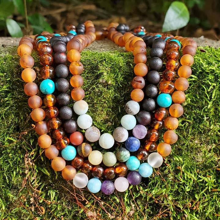 R.B. Amber Jewelry - Wholesale Beaded/Pearl Necklace - Adults | Rainbow Gemstones + Raw Cognac Amber Necklace