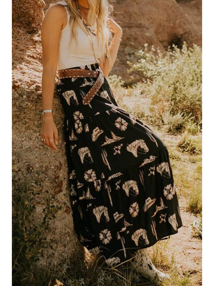Black Western Ruffle Tiered Maxi Skirt for wholesale on Faire