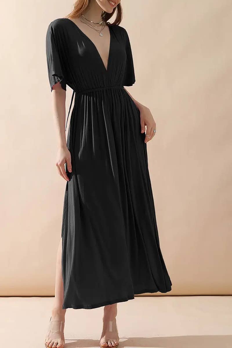 ACCITY - Wholesale Dress - Women's - V-Neck Short Sleeve Back Bow Empire Dress18