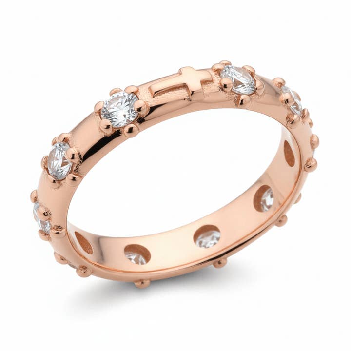 Anel Rosário em Zircónias Cúbicas Branco com Banhado a Ouro Rosa sobre Prata por atacado de Guadalupe Gifts