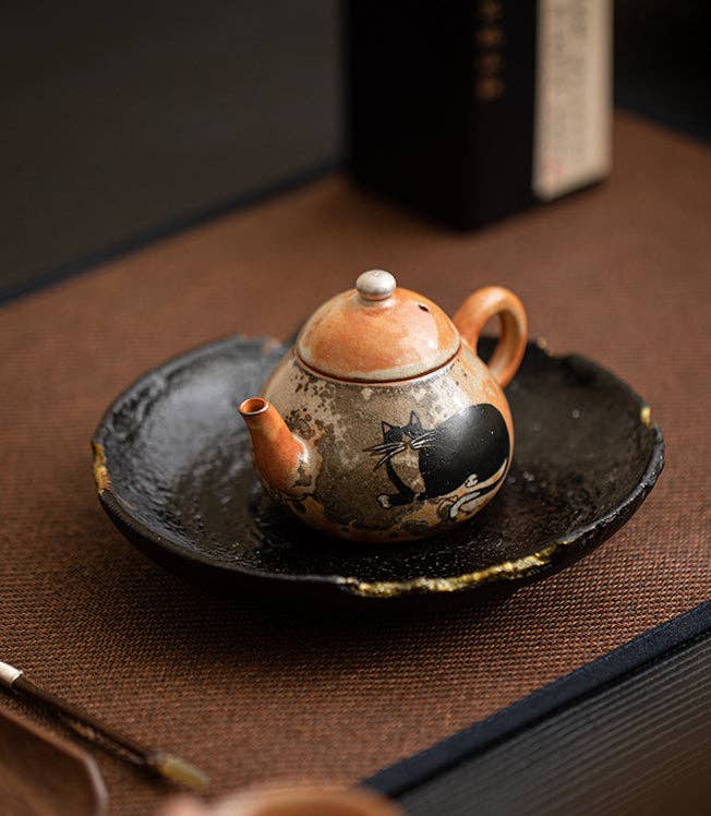 Gohobi （We cover U.S. import duties） – chaleira por atacado – Gohobi Bule de Chá de Gato Pintado à Mão com Tinta Preta Feito à Mão 0121