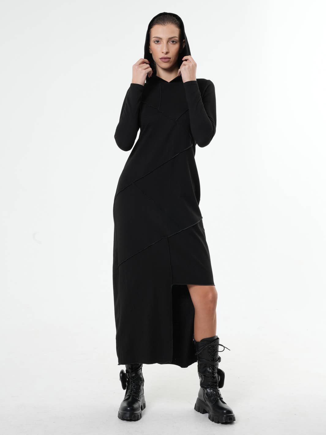 Metamorphoza - Wholesale Dress - Women's - Asymmetric Hooded Black Dress1